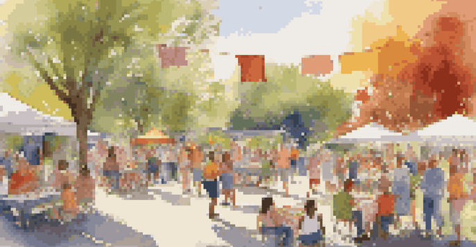 A lively block party with families, food, and children playing in a park under bright sunlight.