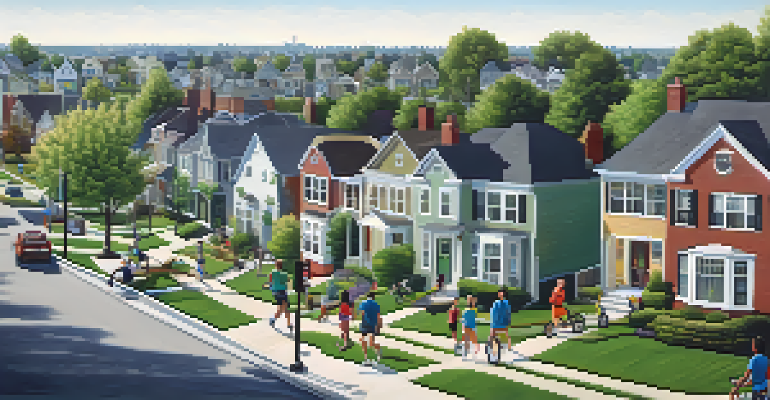 A vibrant scene contrasting city life with a peaceful suburban neighborhood, showcasing community activities.