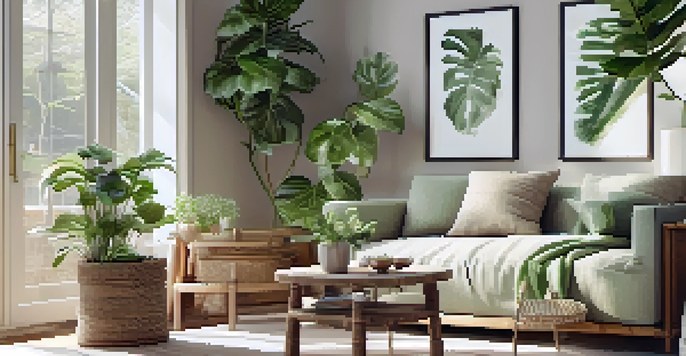 A minimalist living room with reclaimed wood furniture, bamboo elements, and natural light coming from large windows, adorned with green plants.
