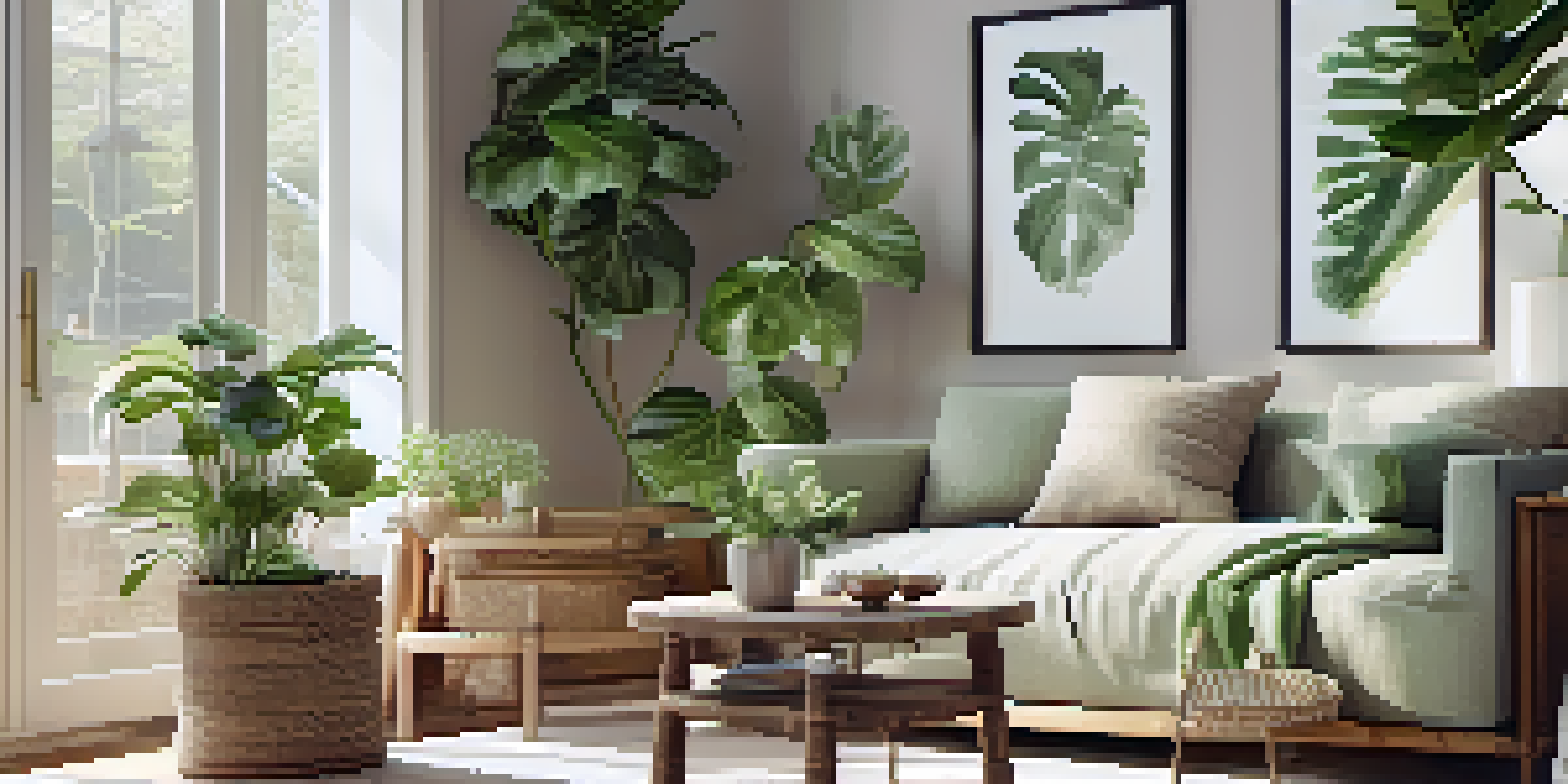 A minimalist living room with reclaimed wood furniture, bamboo elements, and natural light coming from large windows, adorned with green plants.
