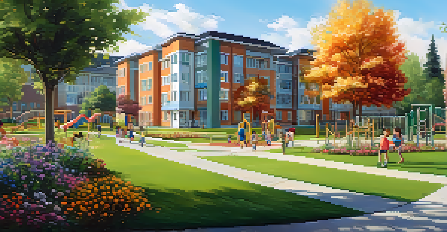 A residential area featuring a highly-rated school surrounded by playgrounds and children playing.