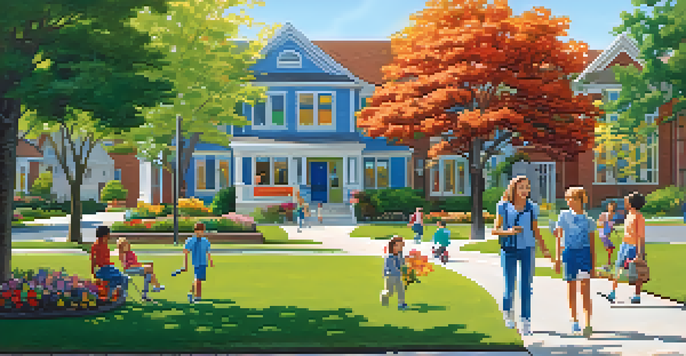 A suburban neighborhood with children playing in the park and a school building in the background, surrounded by greenery and flowers.