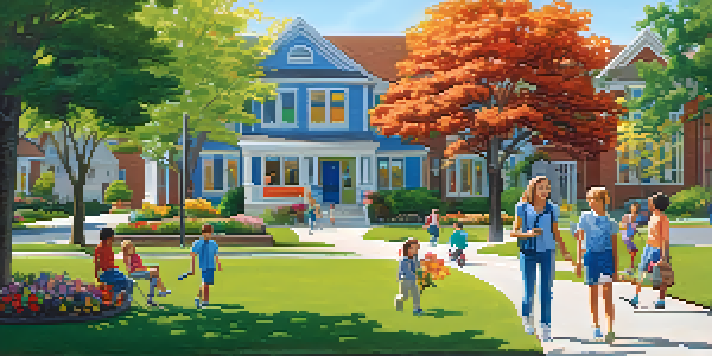A suburban neighborhood with children playing in the park and a school building in the background, surrounded by greenery and flowers.