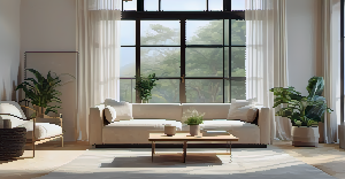 A bright and airy minimalist living room with a light-colored sofa, wooden coffee table, large window, and minimal decor including potted plants.