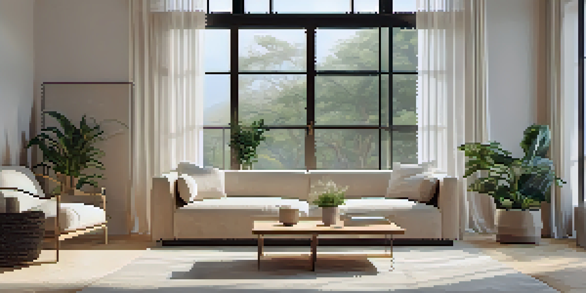 A bright and airy minimalist living room with a light-colored sofa, wooden coffee table, large window, and minimal decor including potted plants.
