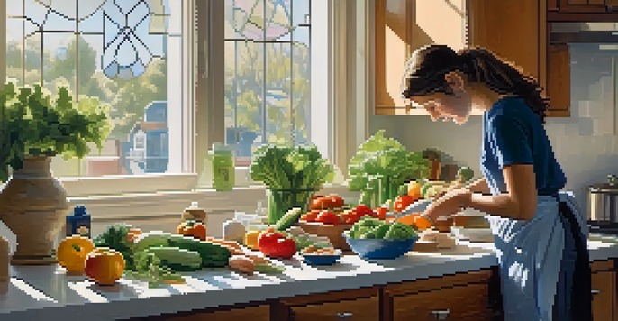 A busy parent in a kitchen, cooking healthy meals with fresh vegetables and an open meal kit delivery box, illuminated by soft morning light.