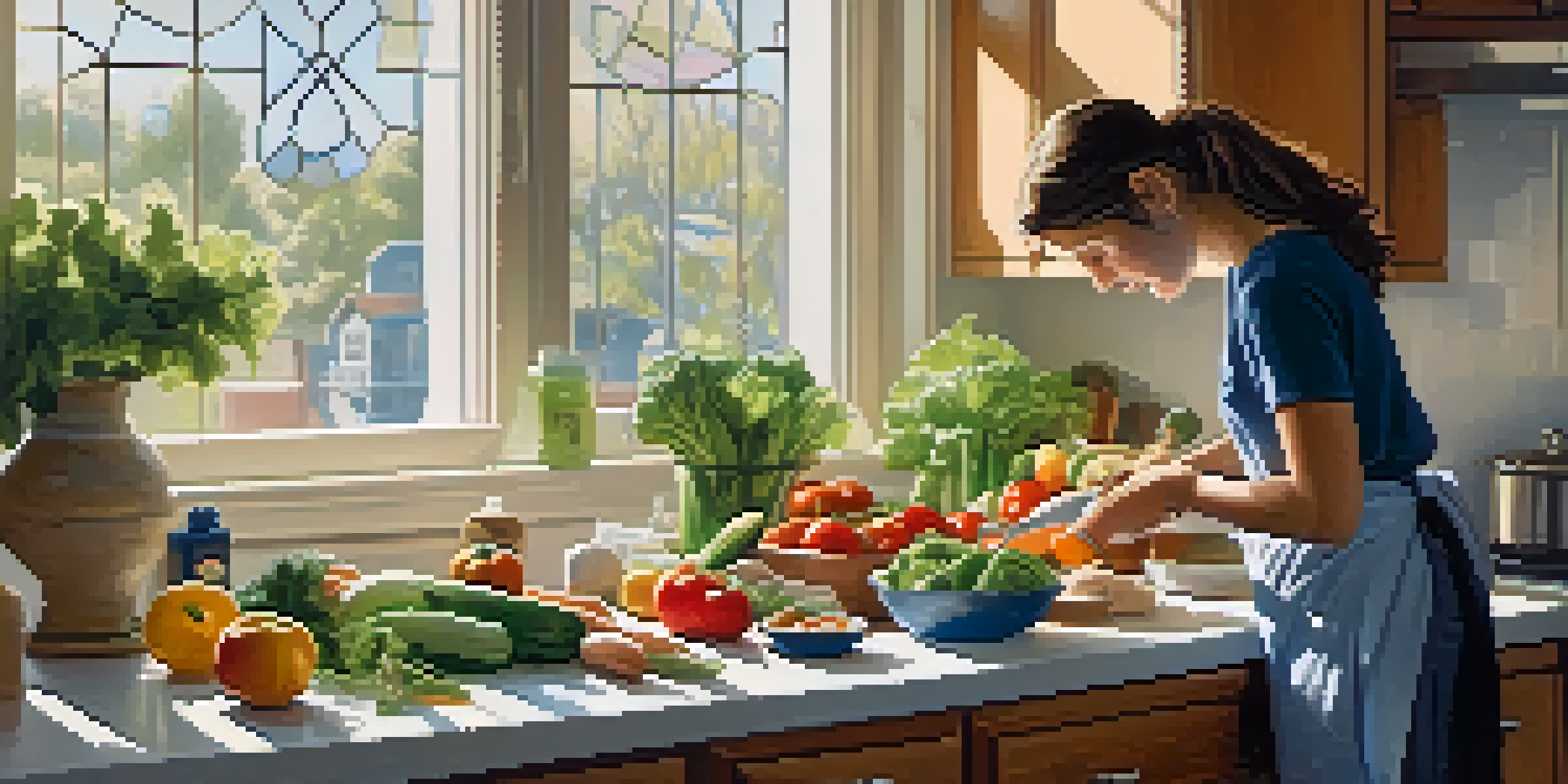 A busy parent in a kitchen, cooking healthy meals with fresh vegetables and an open meal kit delivery box, illuminated by soft morning light.