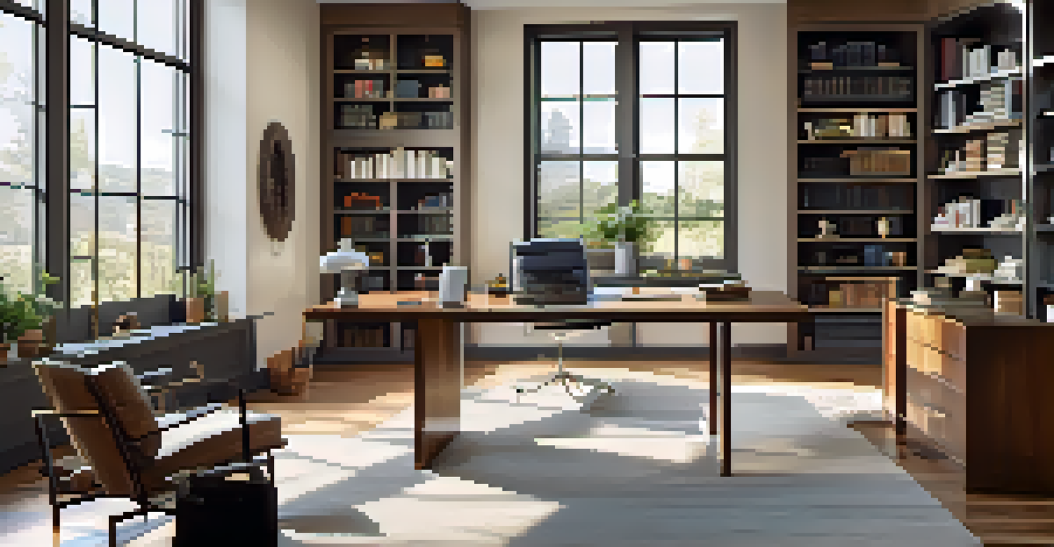 A modern home office with a large desk, ergonomic chair, and a tall bookshelf, illuminated by natural light.