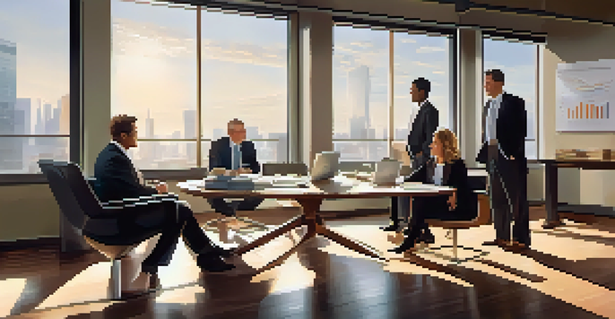 A diverse group of professionals in an office discussing investment strategies with charts and reports on the table, illuminated by soft afternoon sunlight.