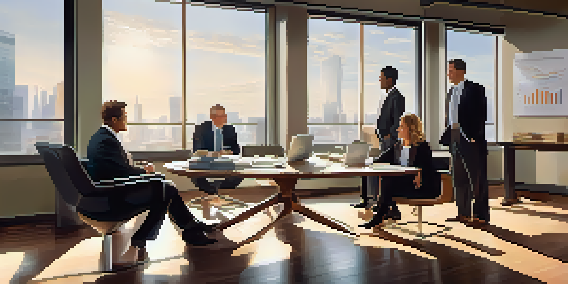 A diverse group of professionals in an office discussing investment strategies with charts and reports on the table, illuminated by soft afternoon sunlight.