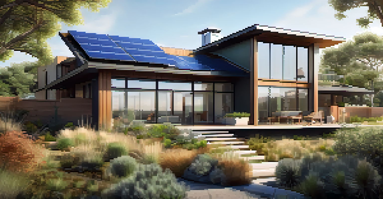 A contemporary eco-friendly home with solar panels and a green roof in a natural setting.