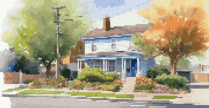 A welcoming urban home with a colorful front yard, bike lanes, and a nearby bus stop under a bright blue sky.