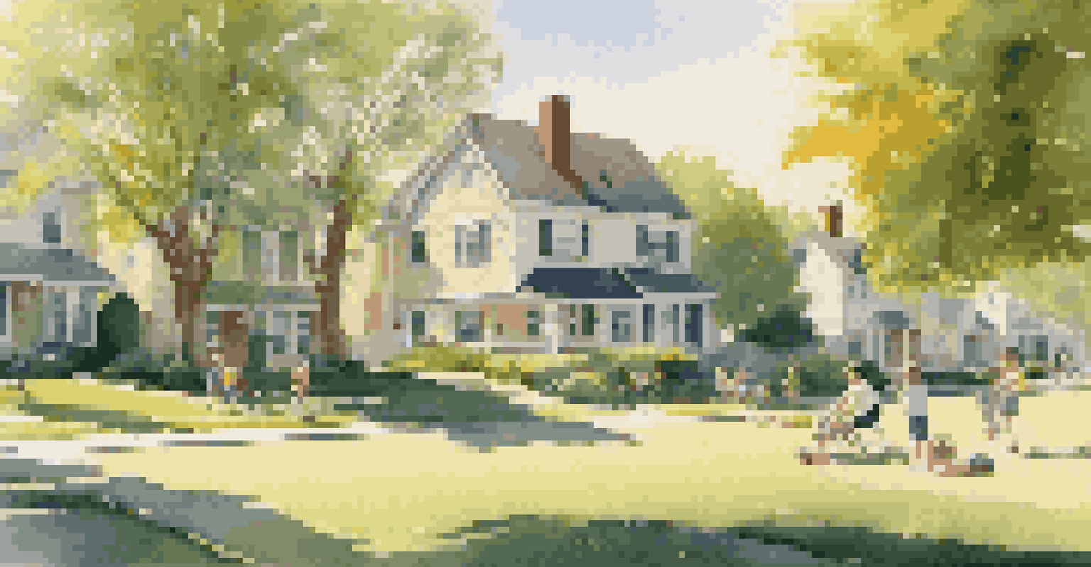 A peaceful suburban neighborhood with families picnicking in a park and children playing.