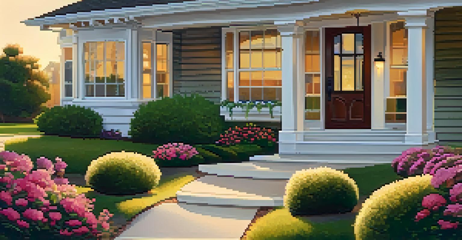 A detailed view of a landscaped front yard with flowers and a porch during sunset, showcasing the beauty of the home.