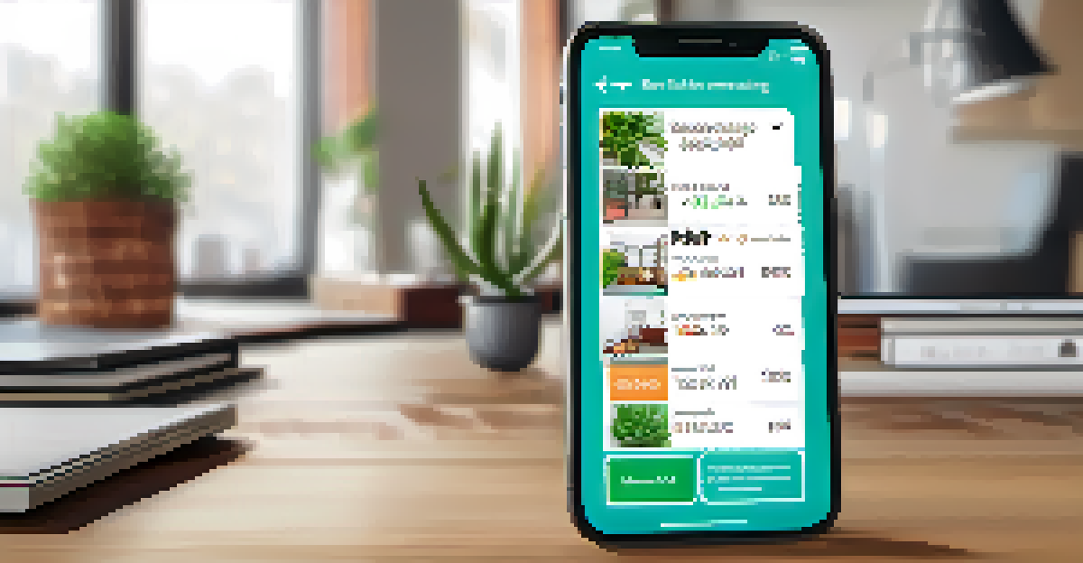 A close-up of a smartphone showing a real estate crowdfunding app interface in a cozy home office setting, with a plant and coffee mug in the background.