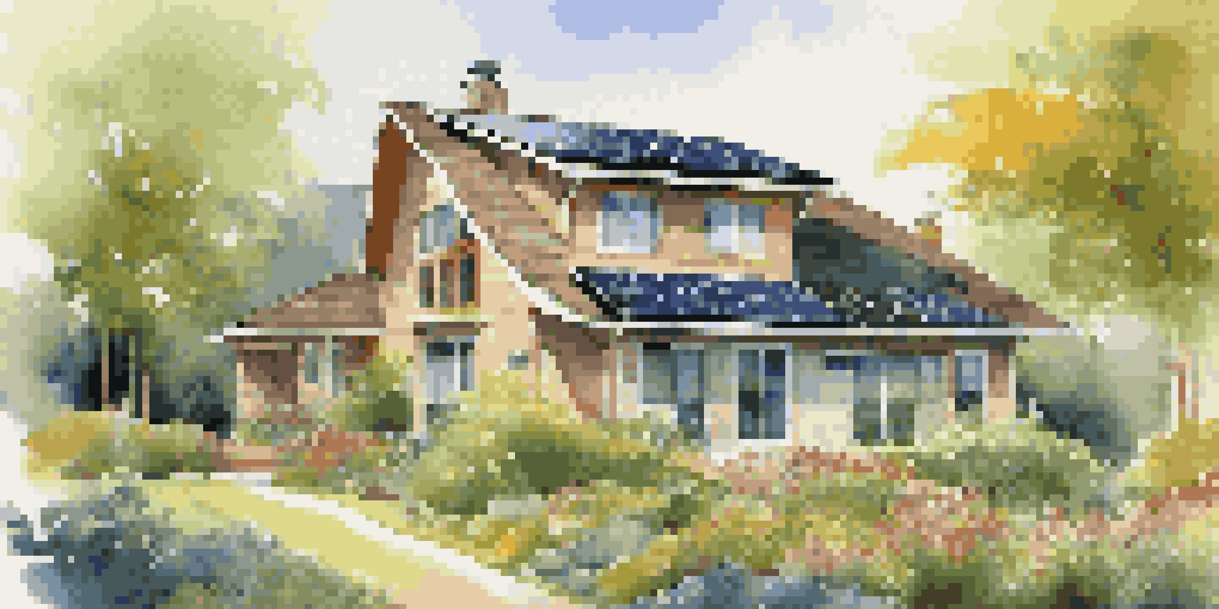 A picturesque energy-efficient home surrounded by greenery, highlighting solar panels and large windows.