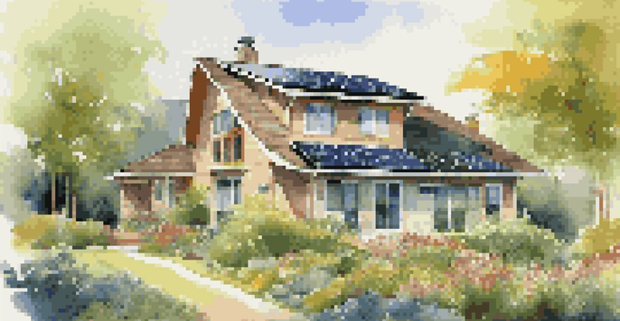 A picturesque energy-efficient home surrounded by greenery, highlighting solar panels and large windows.