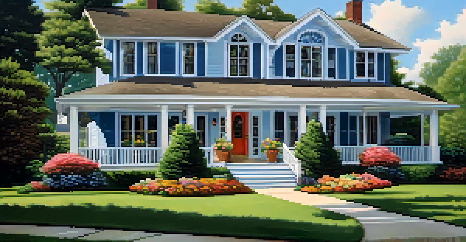 A picturesque suburban house with a manicured lawn and a front porch surrounded by flowers.