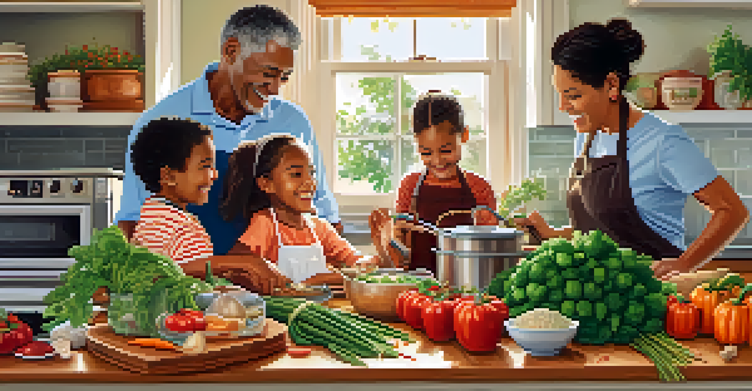 Grandparents and grandchildren happily cooking together in a bright kitchen, filled with fresh ingredients and a family recipe book.