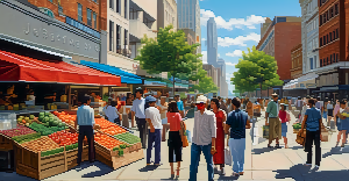 A busy city street filled with people, shops, and tall buildings under a clear blue sky.