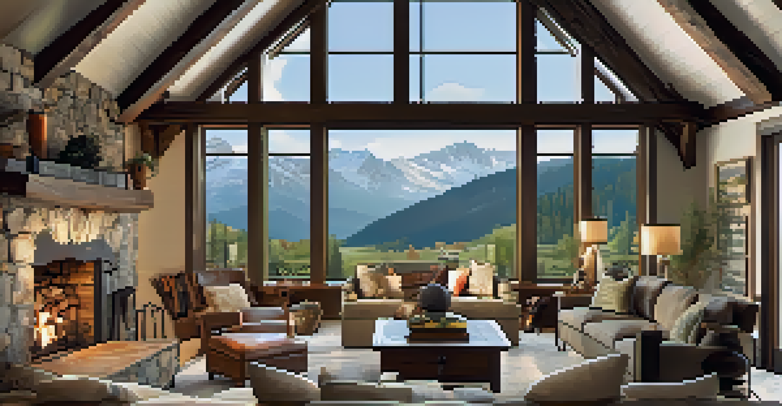 A cozy living room in a vacation home with rustic decor and mountain views.