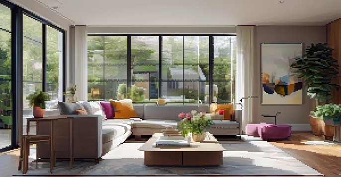 A cozy living room with a house inspector examining the walls while a homeowner observes, filled with natural light and plants.