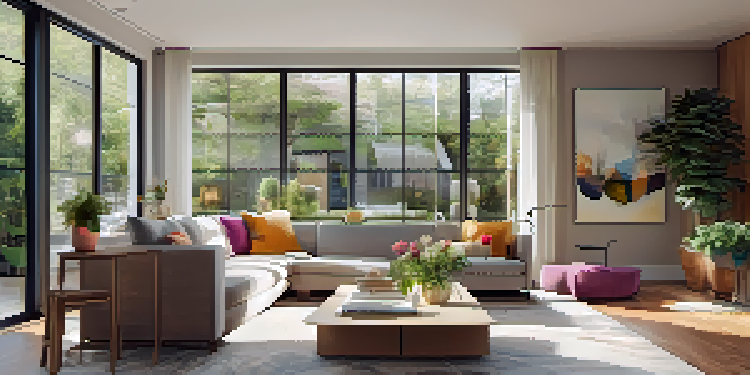 A cozy living room with a house inspector examining the walls while a homeowner observes, filled with natural light and plants.