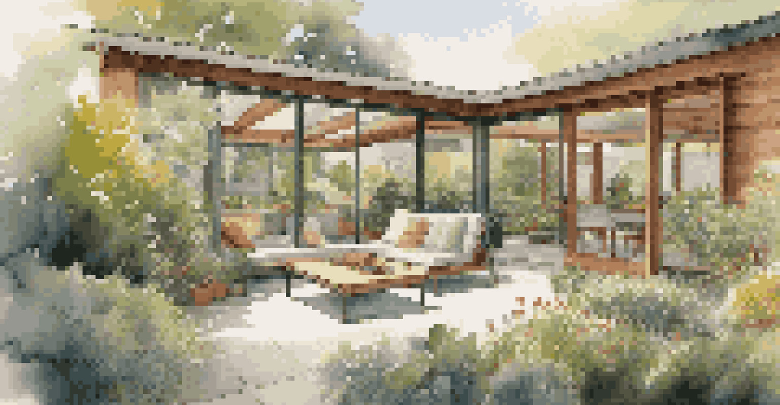 A beautiful outdoor garden space with native plants and a seating area, emphasizing sustainability.