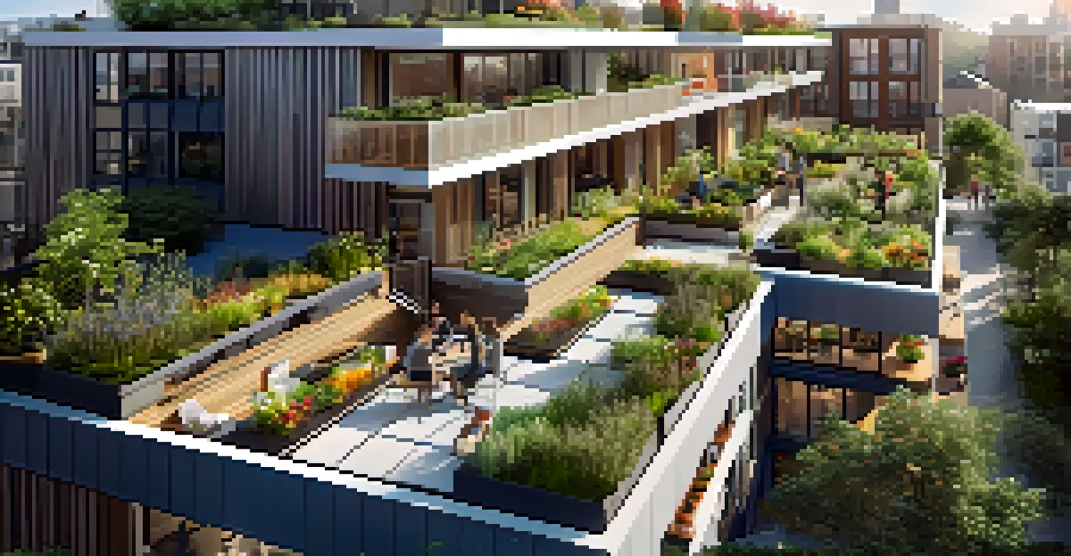 A sustainable co-living building featuring solar panels and a rooftop garden, with residents on a terrace.