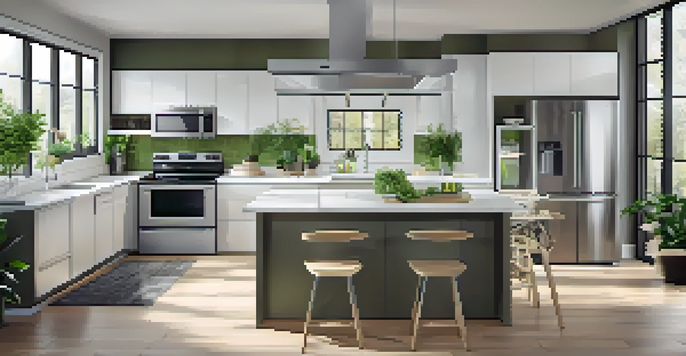 A bright modern kitchen with stainless steel Energy Star appliances and large windows letting in natural light.