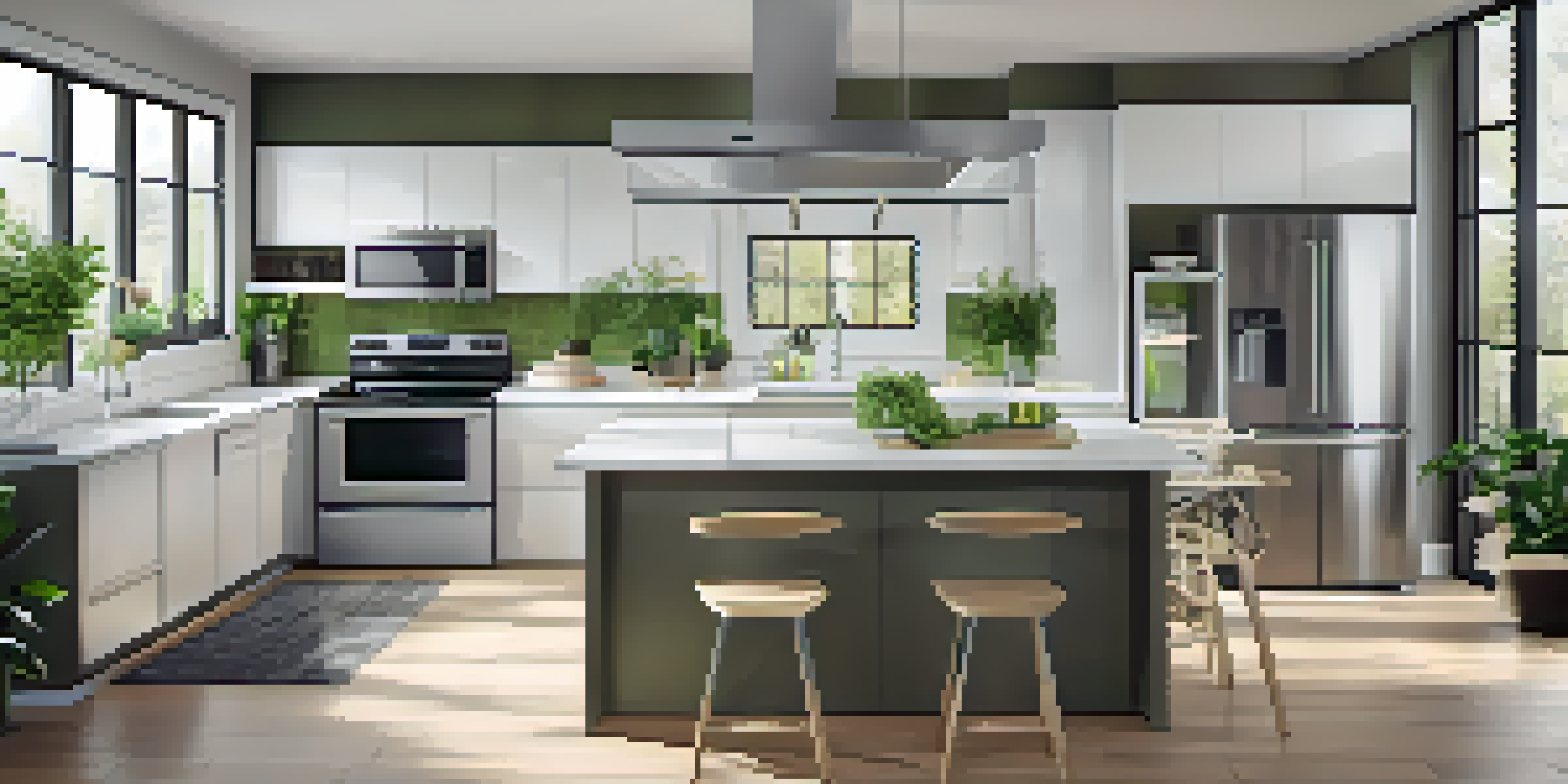 A bright modern kitchen with stainless steel Energy Star appliances and large windows letting in natural light.