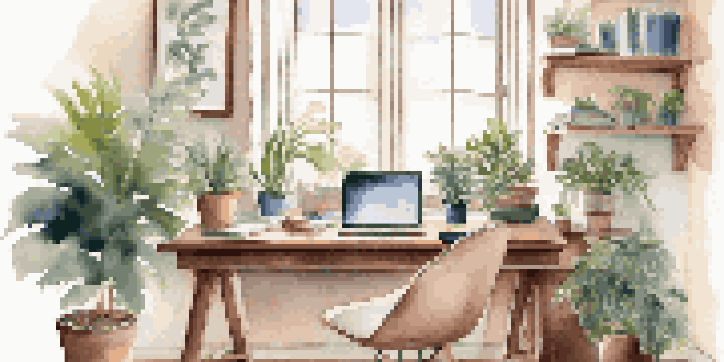 A well-lit home office with a desk, laptop, potted plant, and a view of a garden outside the window.