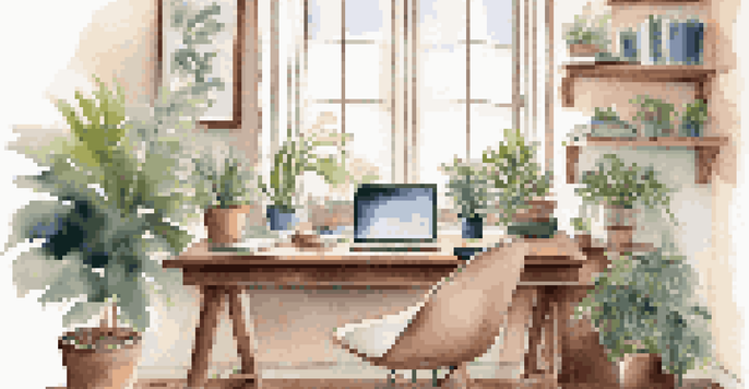 A well-lit home office with a desk, laptop, potted plant, and a view of a garden outside the window.