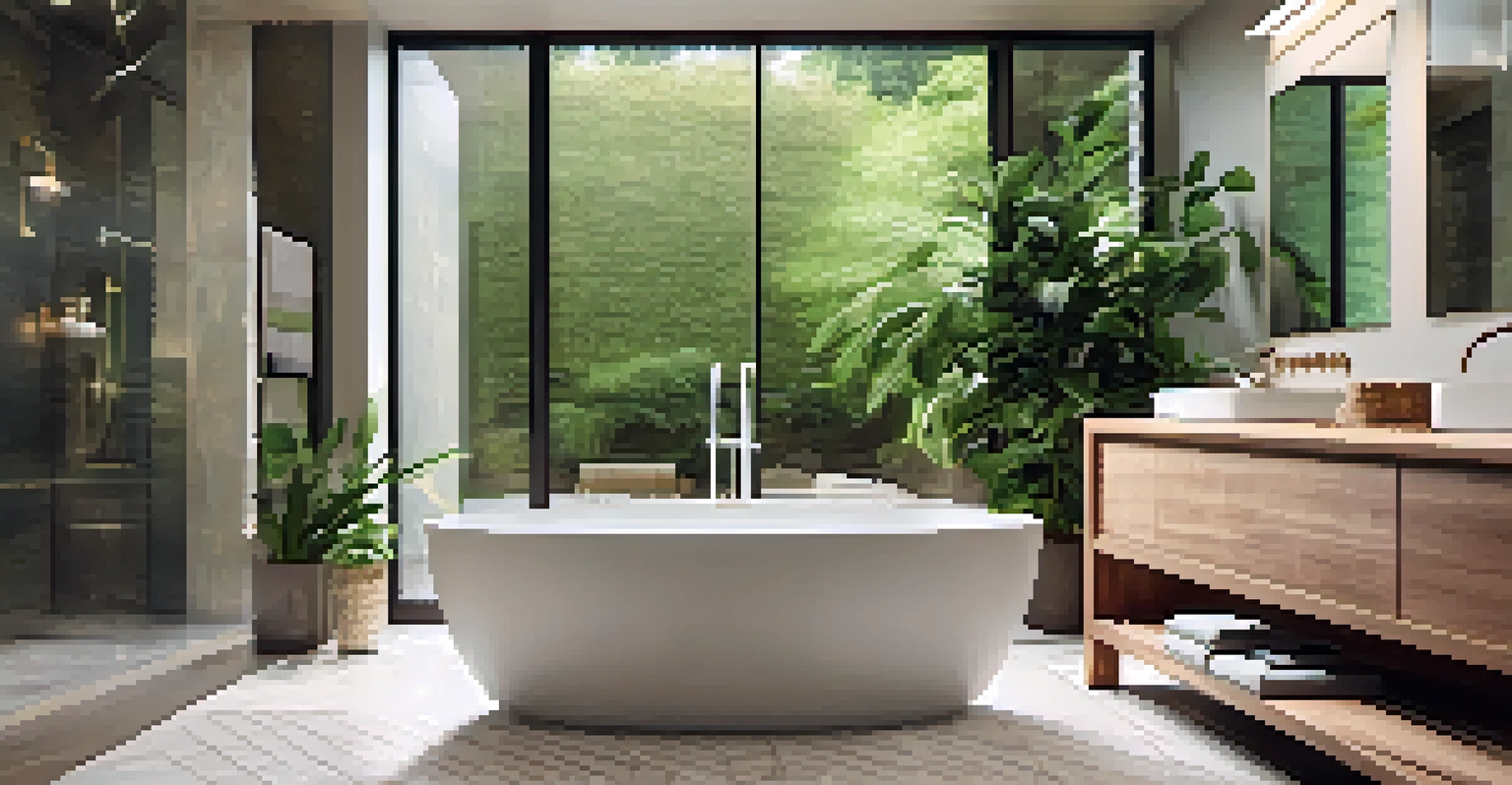 A serene bathroom with a soaking tub, rainfall showerhead, and modern fixtures, surrounded by soft lighting and greenery for a spa-like ambiance.