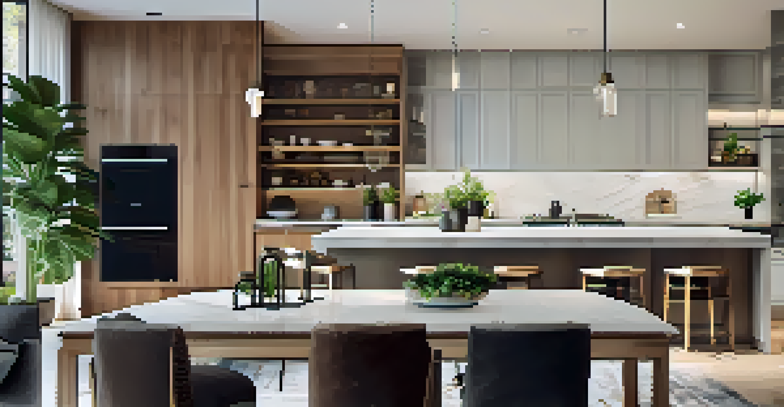 An inviting open concept kitchen and living room with modern furnishings and ambient lighting.