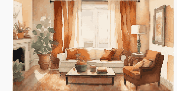 A warm and inviting living room with a beige sofa layered with amber and terracotta cushions, a wool throw, and a patterned rug, illuminated by soft natural light.