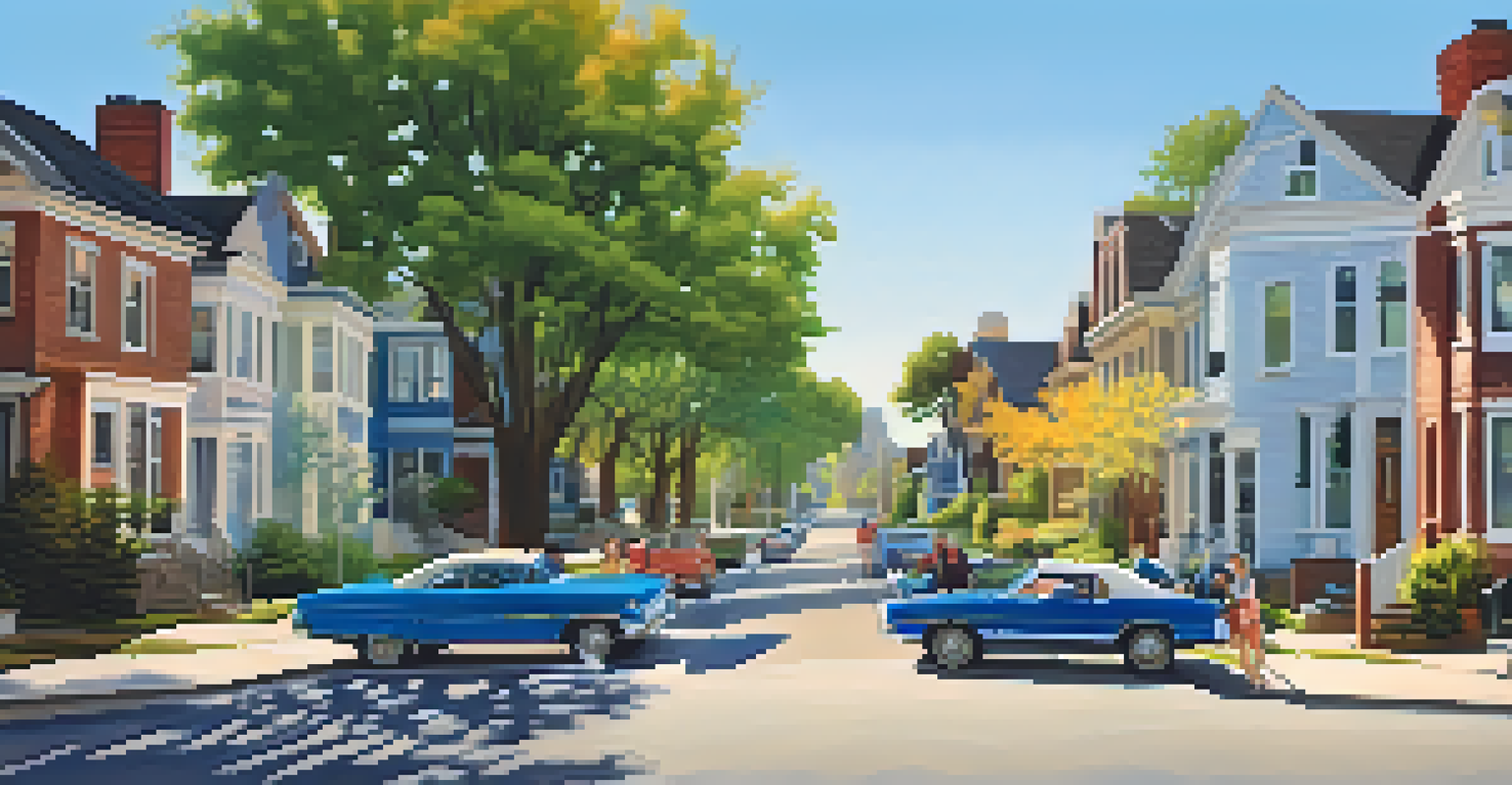 Two neighbors conversing on a tree-lined street about an upcoming move, surrounded by houses and a clear blue sky.