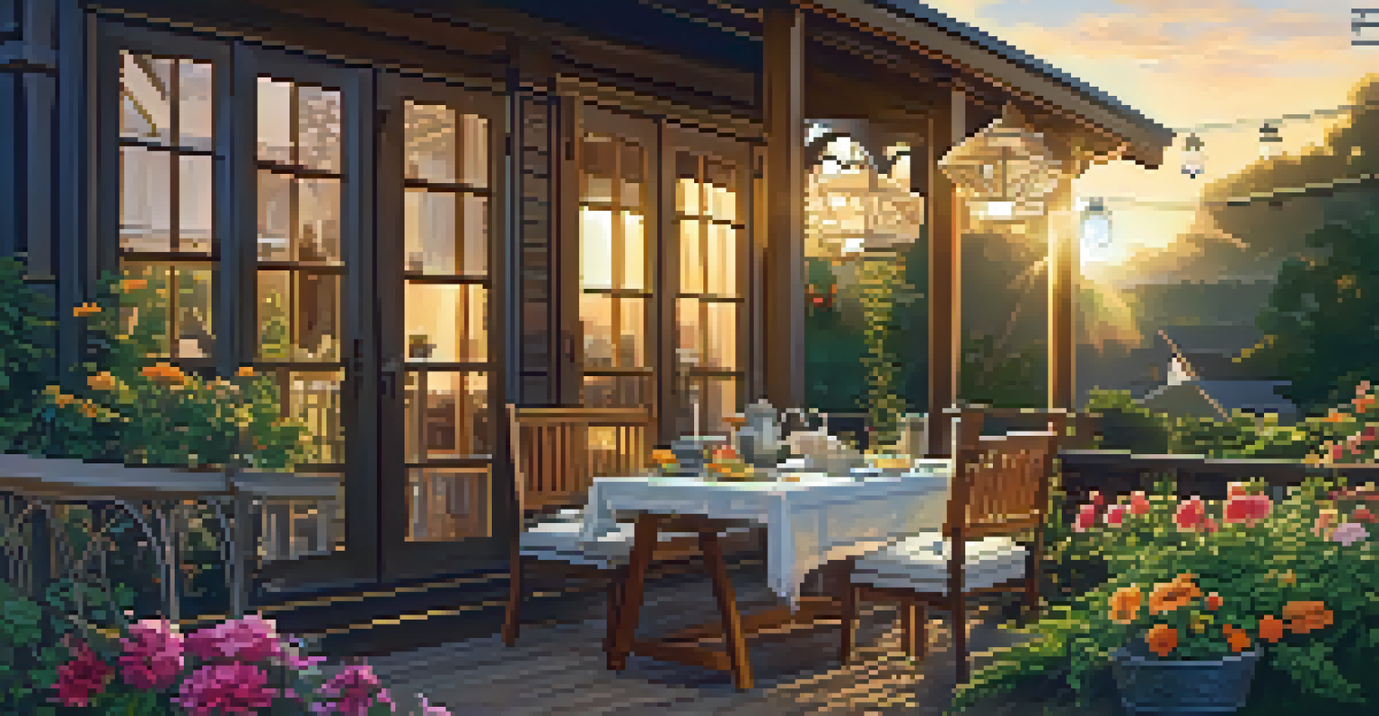 A garden patio with a table set for a meal, surrounded by colorful flowers and a sunset.