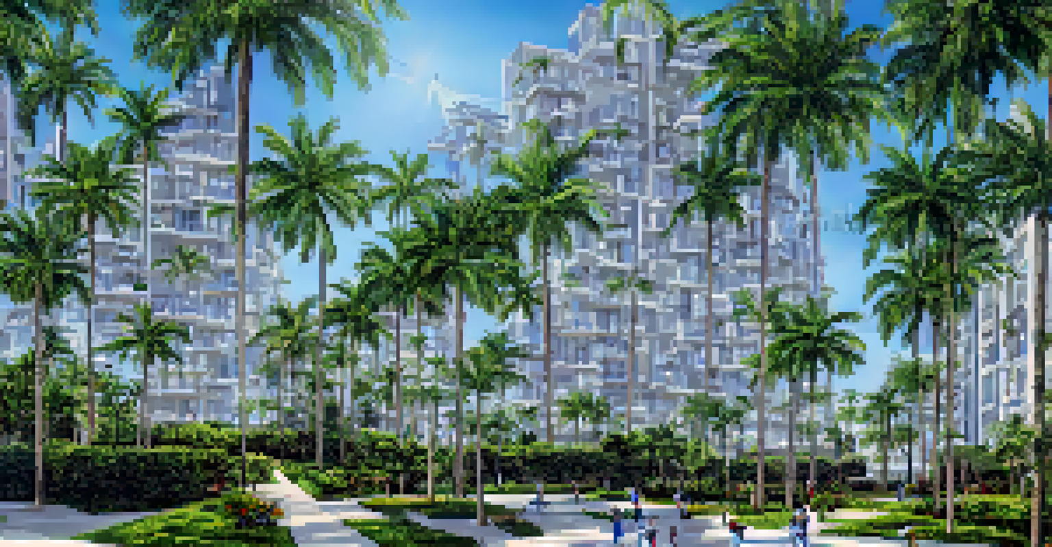 A luxury apartment complex with modern architecture and lush gardens.