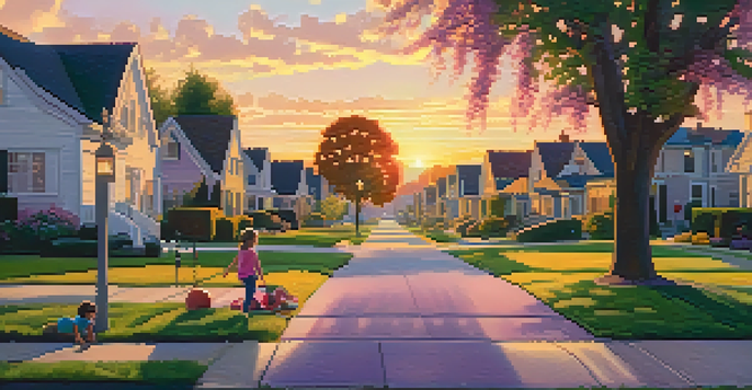 A peaceful suburban neighborhood at sunset with various homes, gardens, and children playing.