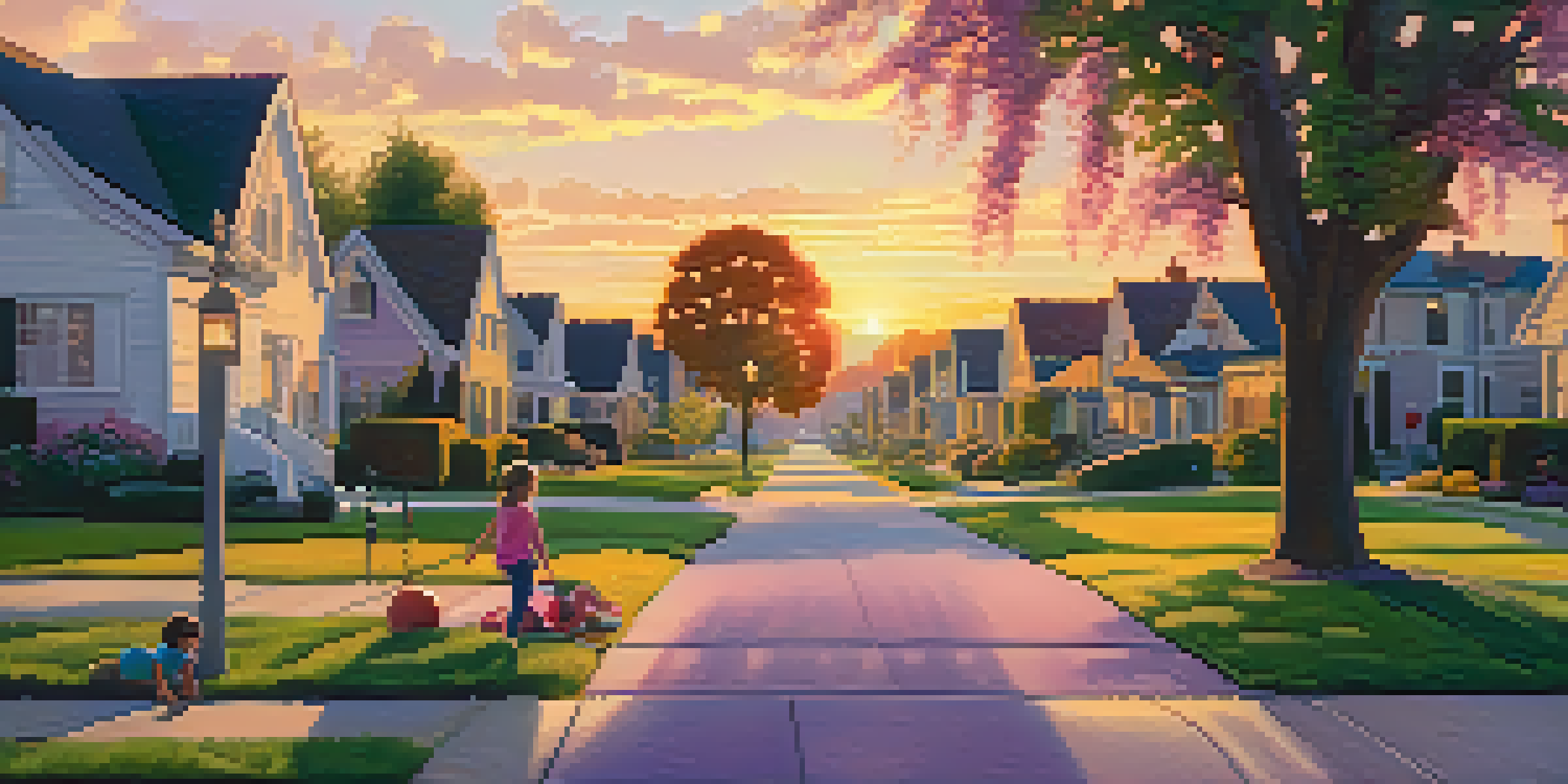 A peaceful suburban neighborhood at sunset with various homes, gardens, and children playing.