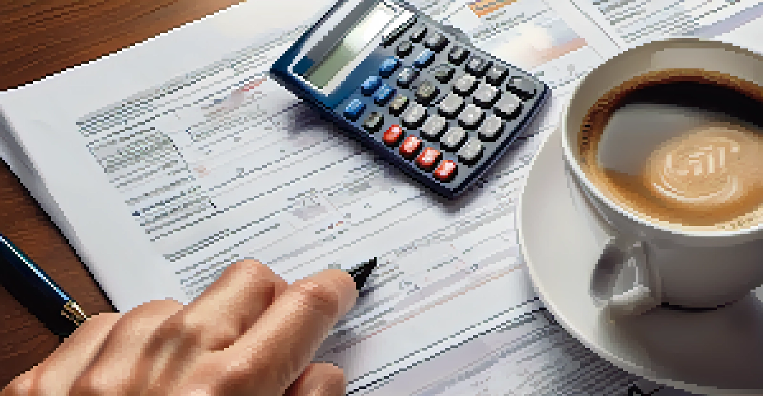 A financial planner writing on a mortgage calculator, with financial documents and a coffee cup in the background.