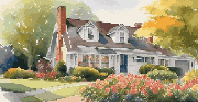 A close-up of a well-maintained suburban home with colorful flowers and a sunset background.