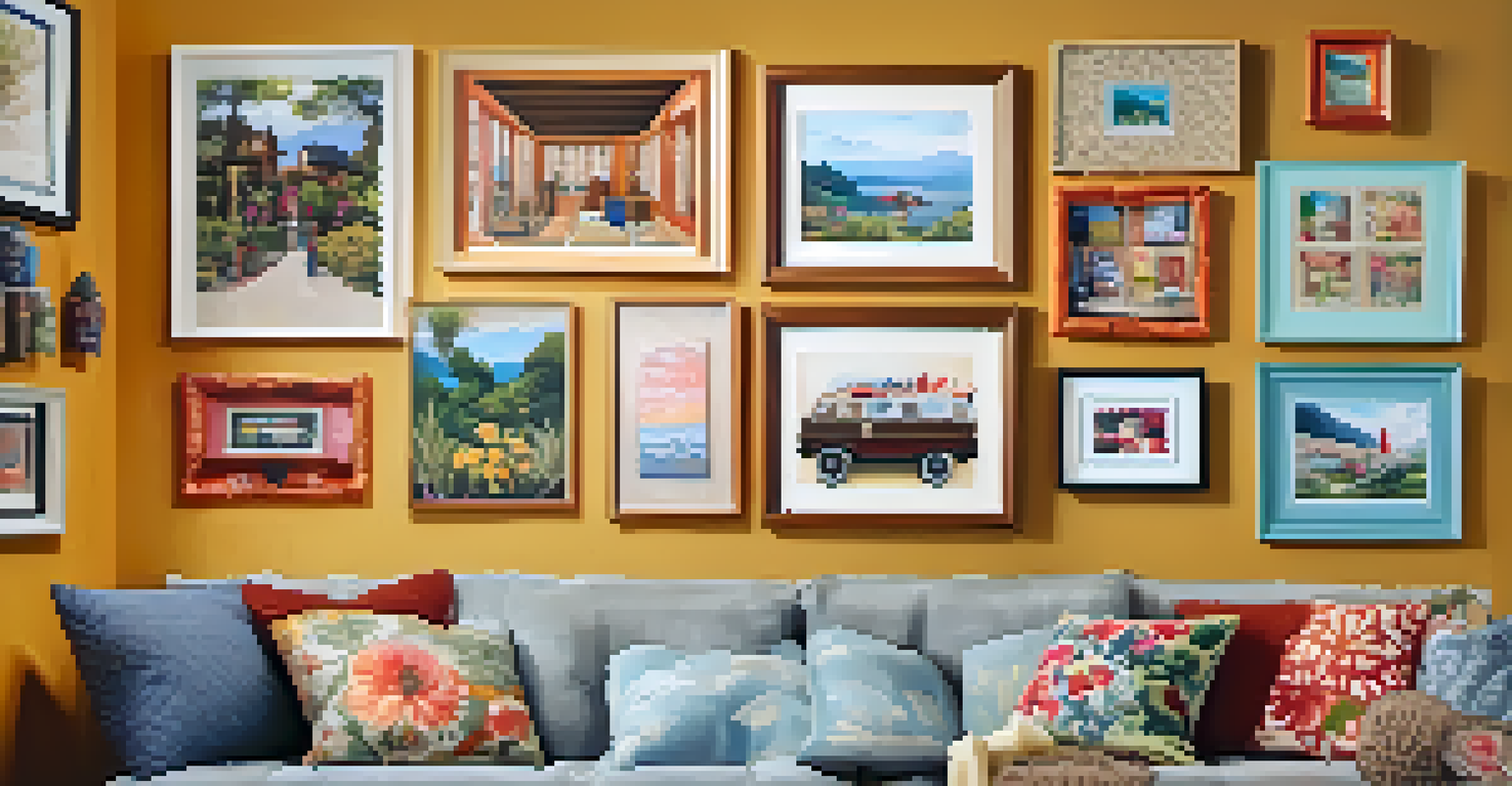 A gallery wall filled with a mix of photos and crafts, highlighted by floral patterns.