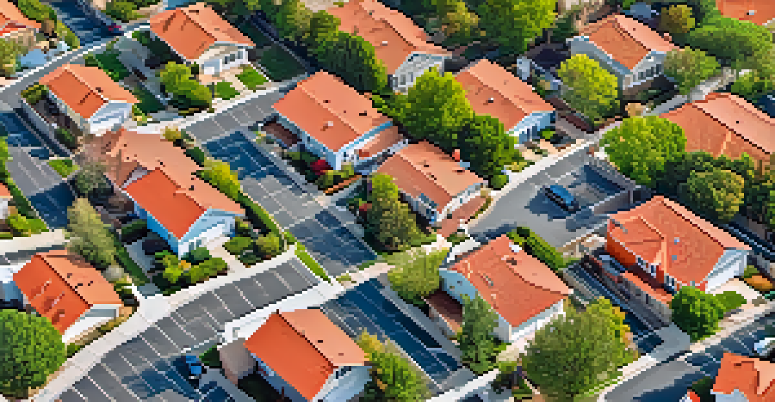 Aerial view of a suburban neighborhood with homes featuring energy-efficient roofing materials like clay tiles and green roofs.