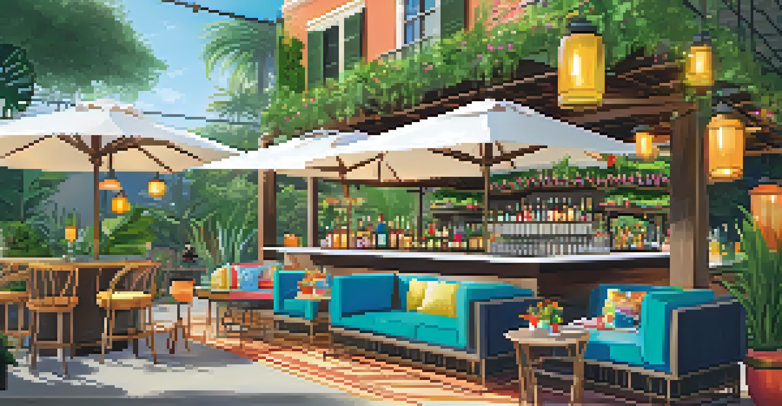 A vibrant outdoor bar with a large cart of drinks, surrounded by lush hanging plants. Colorful cushions on lounge chairs create a relaxing setting, with lanterns illuminating the space.