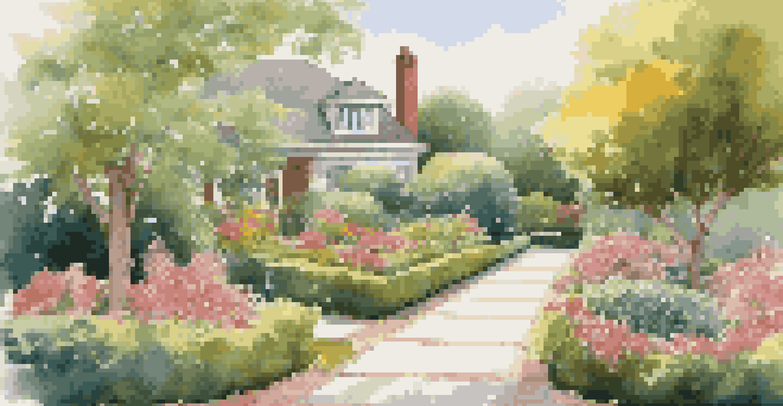 A beautiful backyard with trimmed bushes, colorful flowers, and a well-maintained pathway under a clear sky.