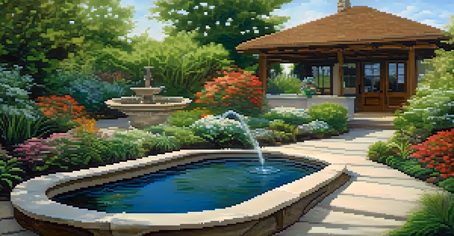 A tranquil garden with a water fountain, native plants, and a wooden deck, offering a peaceful outdoor atmosphere.
