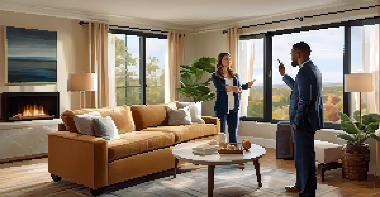 A real estate agent shows a cozy living room to a first-time homebuyer, highlighting its features and decor.