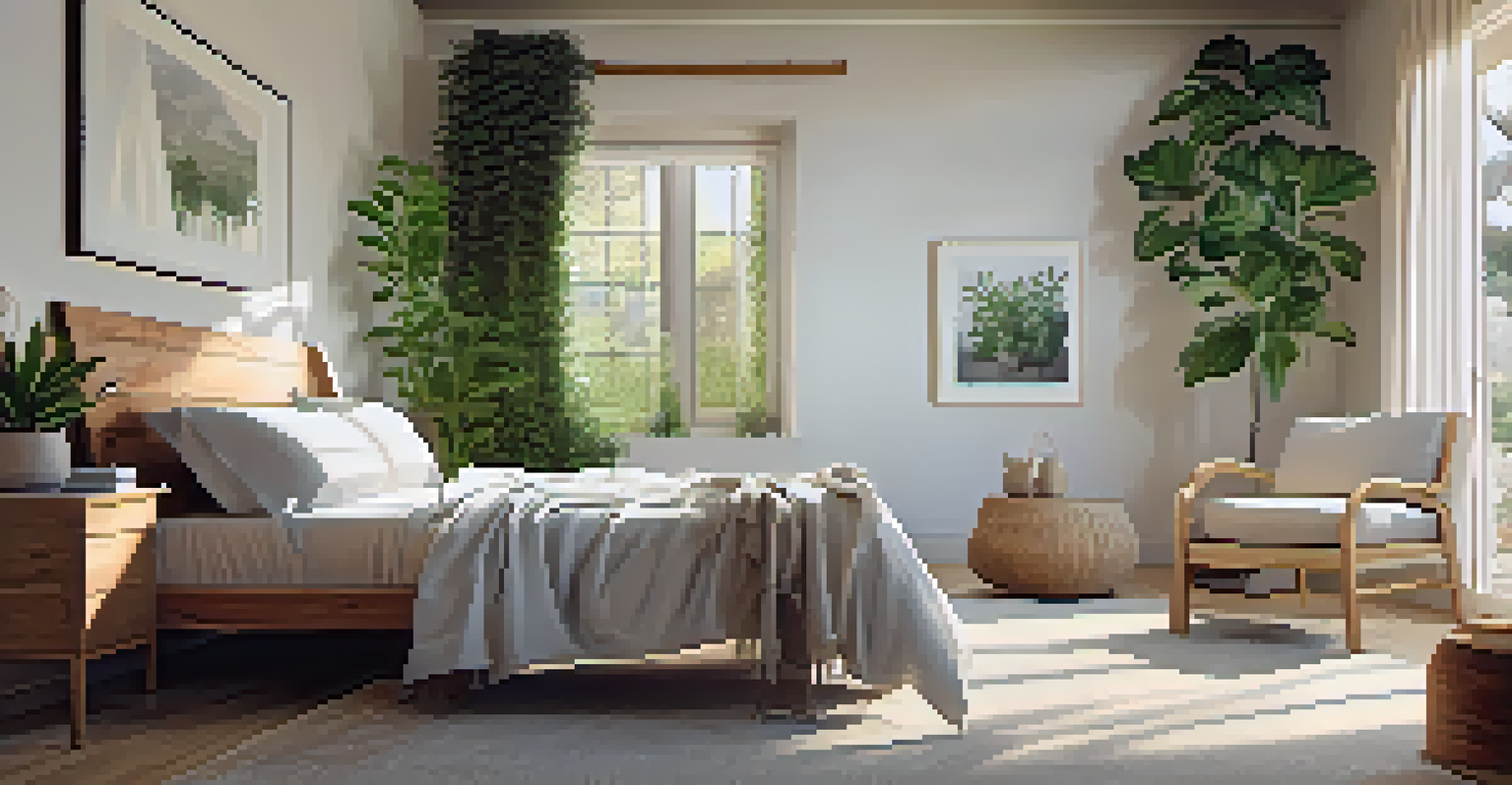 A serene bedroom featuring organic cotton bedding, reclaimed wood furniture, and soft linen curtains, illuminated by gentle morning light and indoor plants.